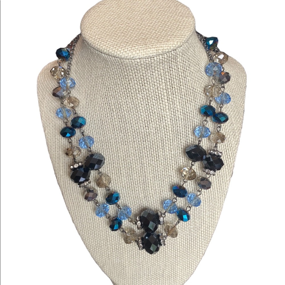 Trifari Blue Beaded and Rhinestone Double Strand Necklace